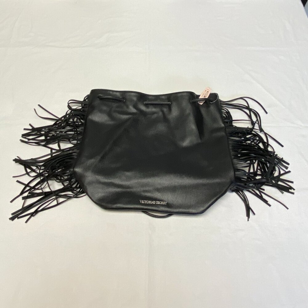 Victoria’s Secret Black Fringe Faux Leather Backpack Tote NWT Slide Closure Bag - Picture 6 of 15